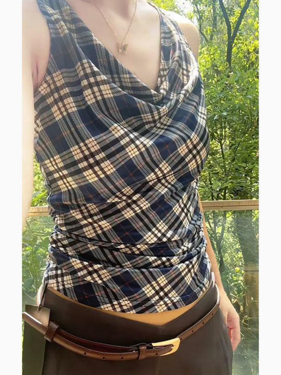 Summer American Retro Plaid Camisole for Women - Sweet & Spicy Waist-Cinching Slim-Fit Short Top in 90s Style