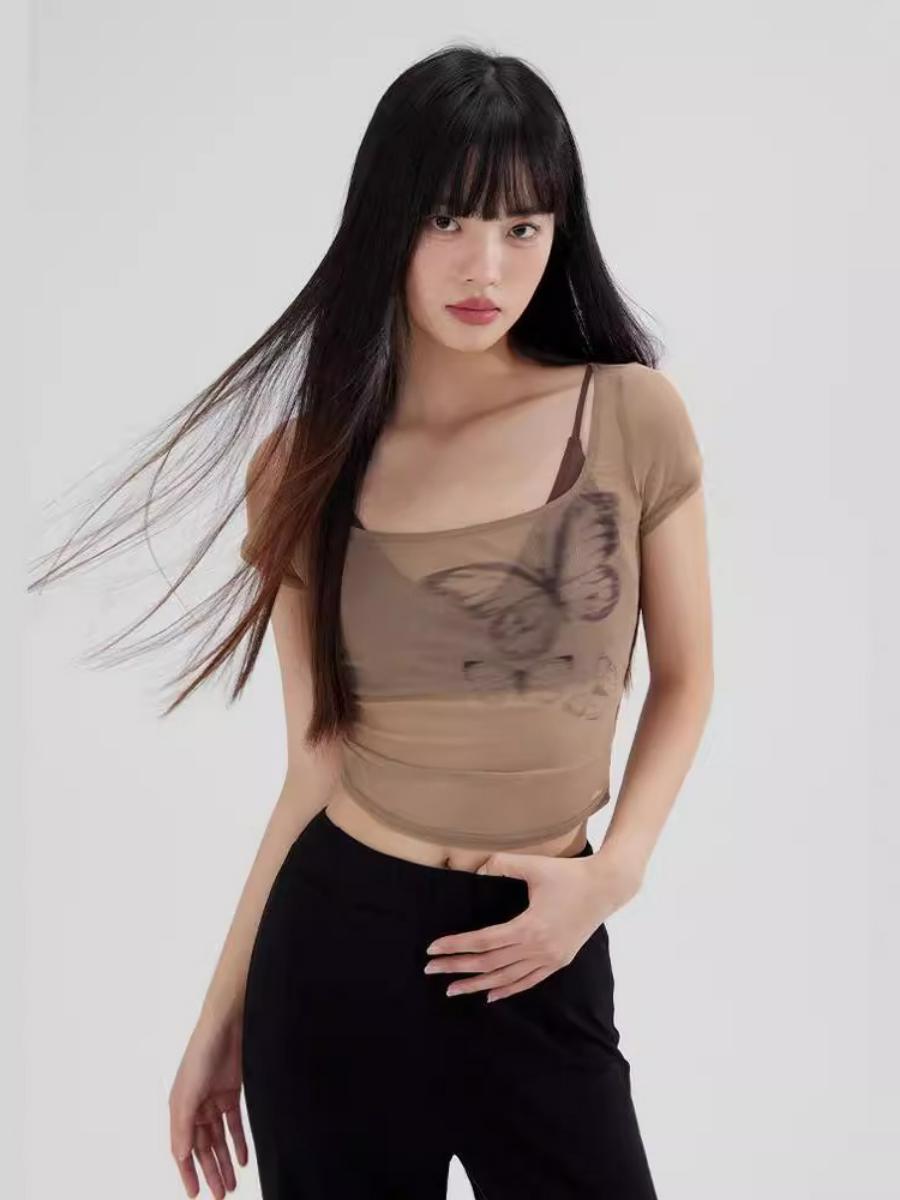 Summer Butterfly Print Mesh Camisole and Short-Sleeve T-Shirt Women's Two-Piece Set - Trendy Niche Style for Y2K Fashion