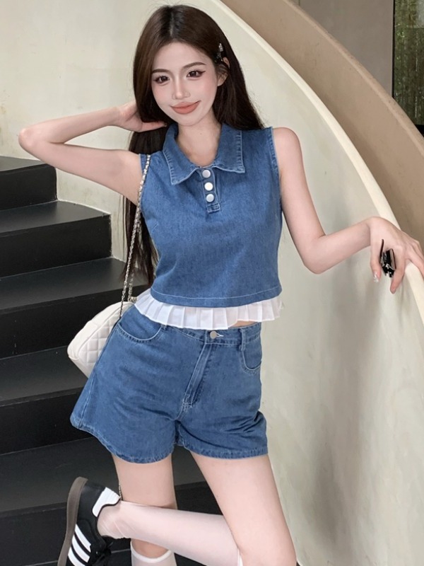 Summer Denim Vest Top and Wide-Leg Shorts Set - Fresh and Youthful Outfit for Effortless Style