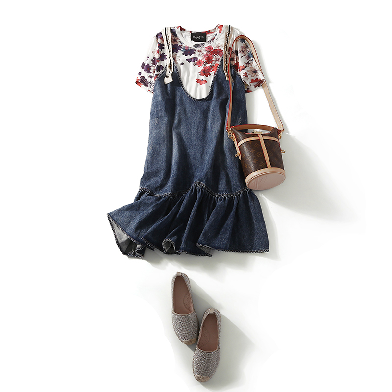 Summer Floral Round Neck T-Shirt and Ruffled Hem Denim Dress Two-Piece Set for Women - European Style, Casual Chic