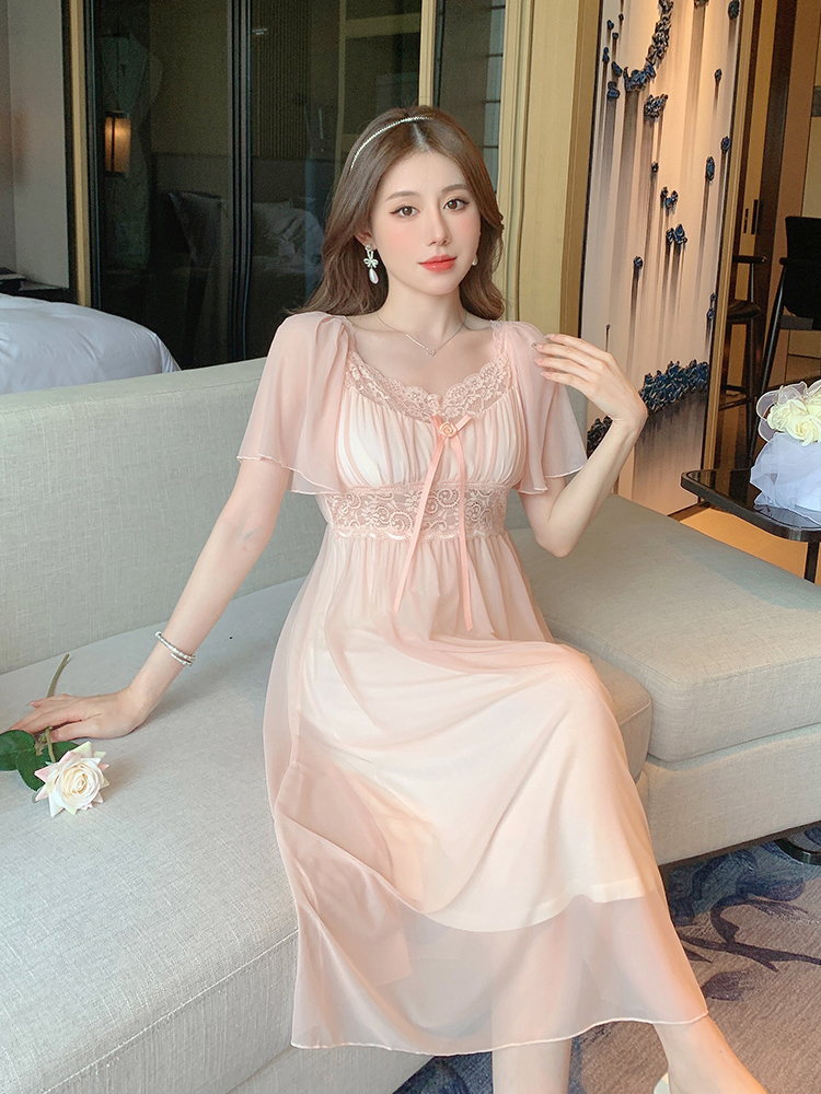 Summer Lace Short Sleeve Sleep Dress for Women with Chest Pads - 2025 New Princess Style Homewear