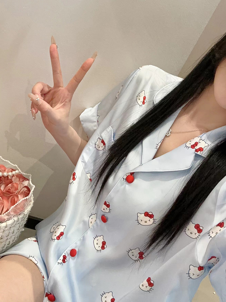 Summer Women's Pajamas Set 2025 - Cute Kitty Print Short-Sleeve Top & Shorts Loungewear for Outdoor Comfort