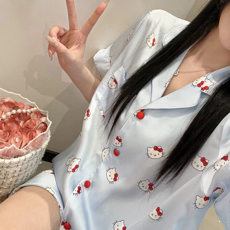 Summer Women's Pajamas Set 2025 - Cute Kitty Print Short-Sleeve Top & Shorts Loungewear for Outdoor Comfort