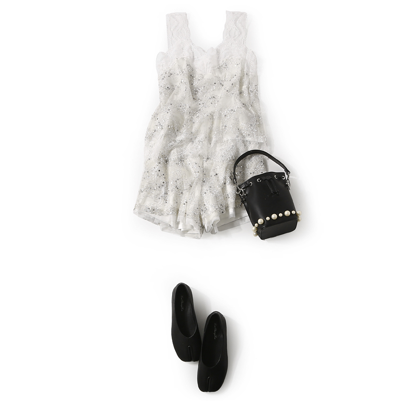 Summer Women's Sequined Lace Splicing Vest and Pleated High-Waisted Shorts Two-Piece Set - Casual European Style