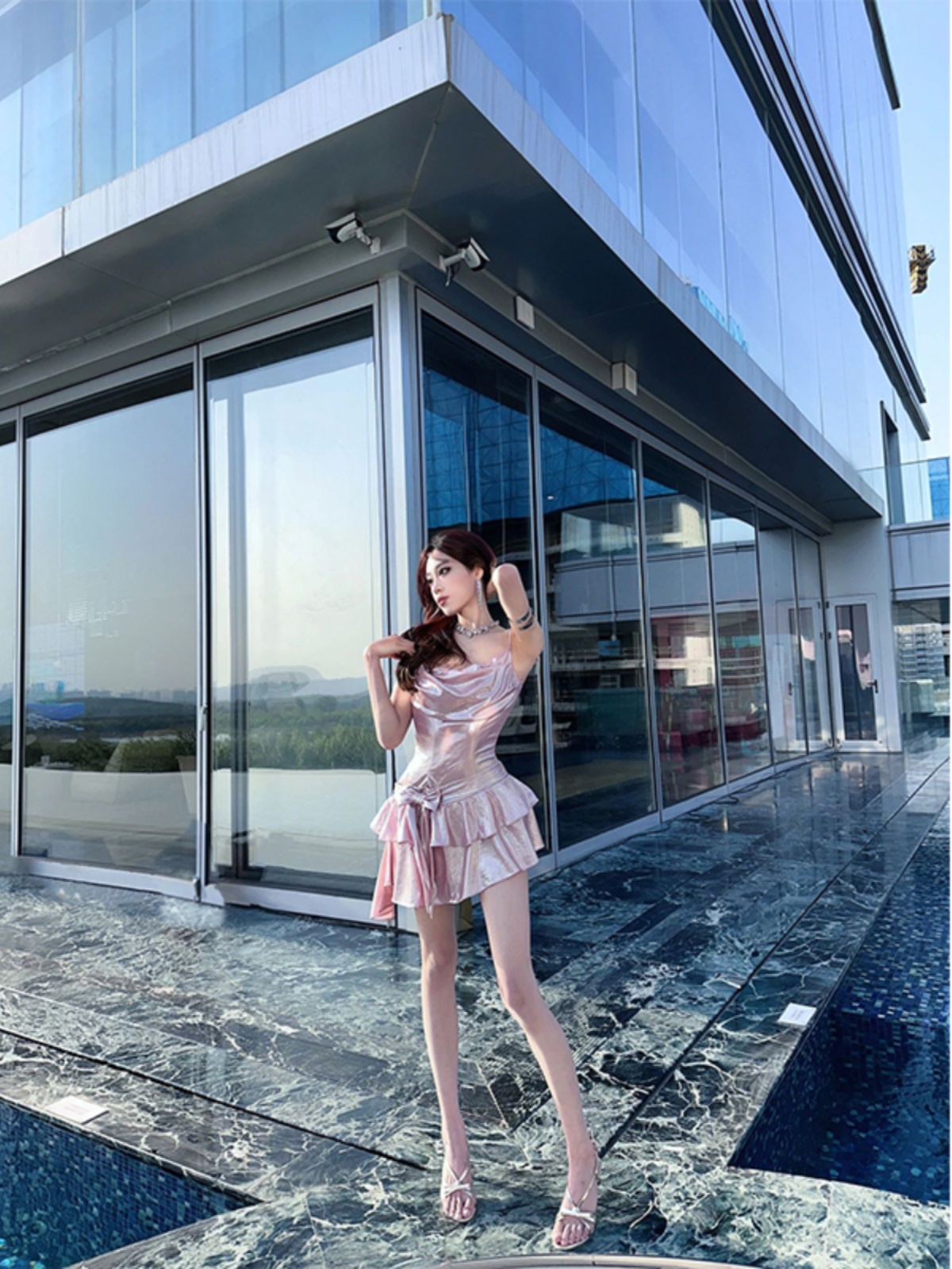 Sweet and Spicy Pink Bow Strap Dress - Women's Waist-Cinching Slim Fit Ruffled Puff Princess Style, Perfect for Y2K Fashion