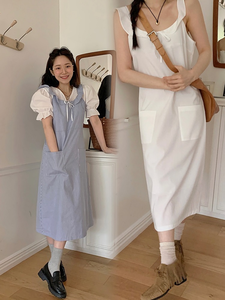 Sweet Delicate Ruffled Pocket Vest Long Dress - Xiulin Inspired Korean Style Fashion, Perfect for 90s & Y2K Looks