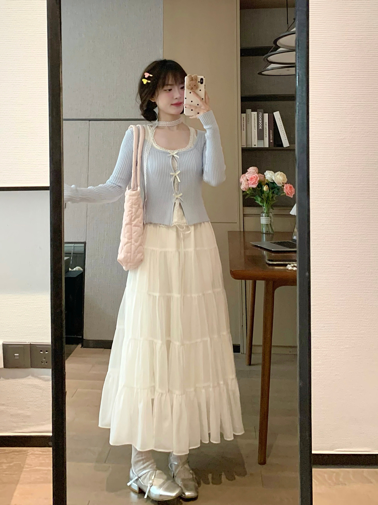Sweet End Spring Fake Two-Piece Bow Detail Blue Knitted T-Shirt for Women - Unique Sexy Gentle Style