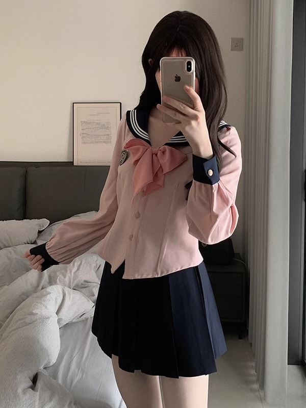 Sweet Japanese JK Uniform Short Jacket with Navy Collar and Bow - Women's College Style 2025, Cute Kawaii Fashion