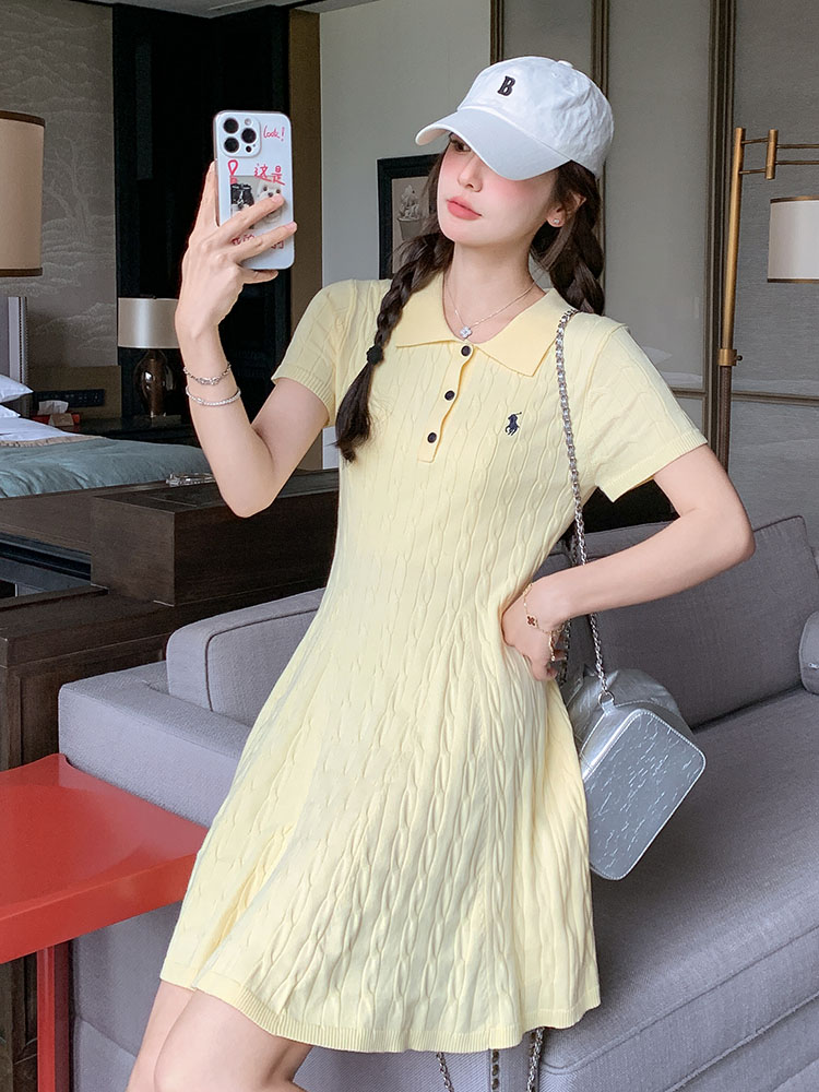 Sweet Milk Yellow Knitted Short Sleeve Polo Collar Dress for Women - 2025 Summer Korean Style Slim Fit A-Line Dress