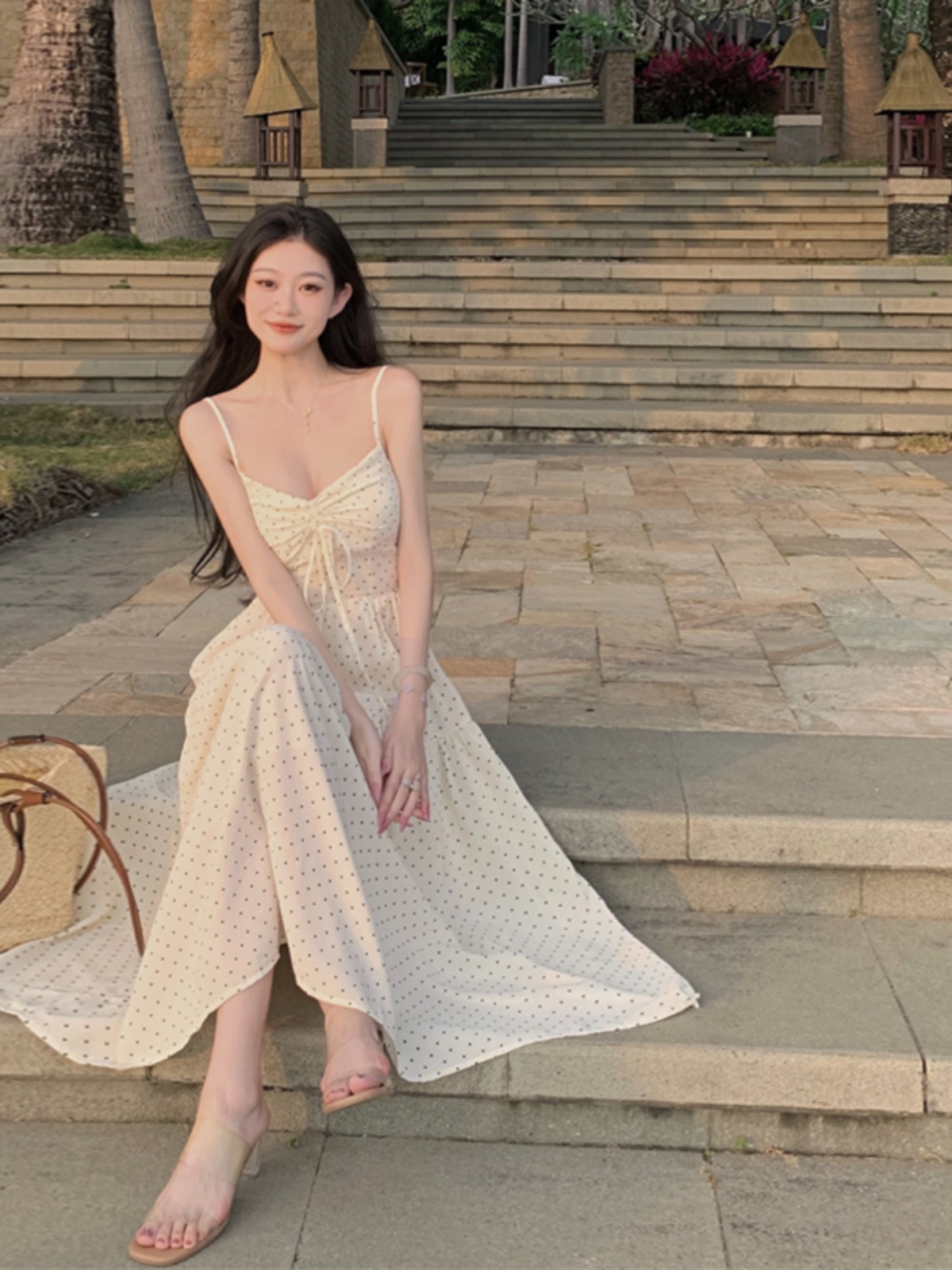 Sweet Polka Dot Spaghetti Strap Dress for Women - Summer Long Dress with Gentle Slimming Fit and Romantic French Style