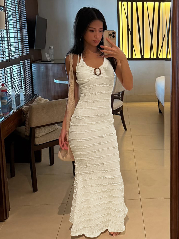 Textured Tie Neck Dress for Women - Slim Fit Beach Long Dress in Bali Vacation Style, Perfect for Summer & Resort Wear