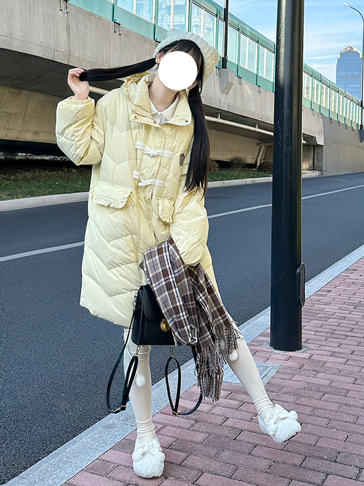 Thickened College Style Down Jacket for Winter, Long Loose Fit with Horn Buttons and Pudding Bear Design
