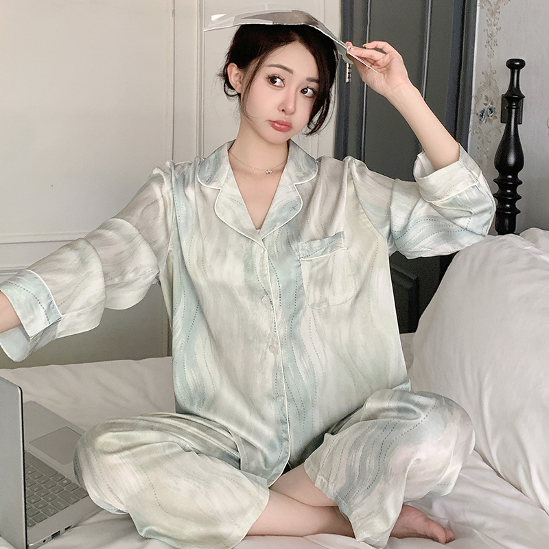 Thin Ice Silk Pajamas Set for Women - Long Sleeve & Pants, Sexy Homewear for Spring & Autumn - Lightweight Summer Sleepwear