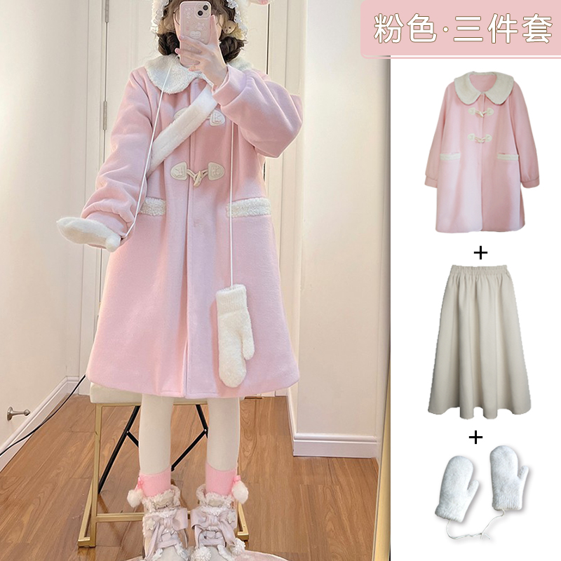 Three-Piece Set: Pudding Bear JK Uniform Doll Collar Toggle Woolen Coat for Women - 2025 Winter Fashion