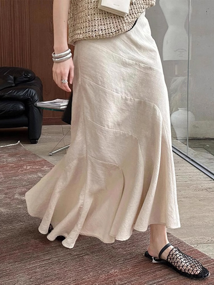 Trendy Apricot Ramie Asymmetric Spliced Bodycon Fishtail Skirt for Women - Summer High-End Quality Fashion Piece