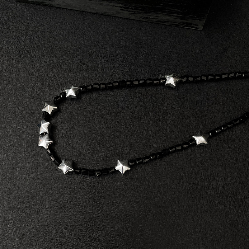 Trendy Black Bead Choker Necklace for Women with Pentagram, Stylish Light Luxury Clavicle Chain, Sweet Cool Accessory