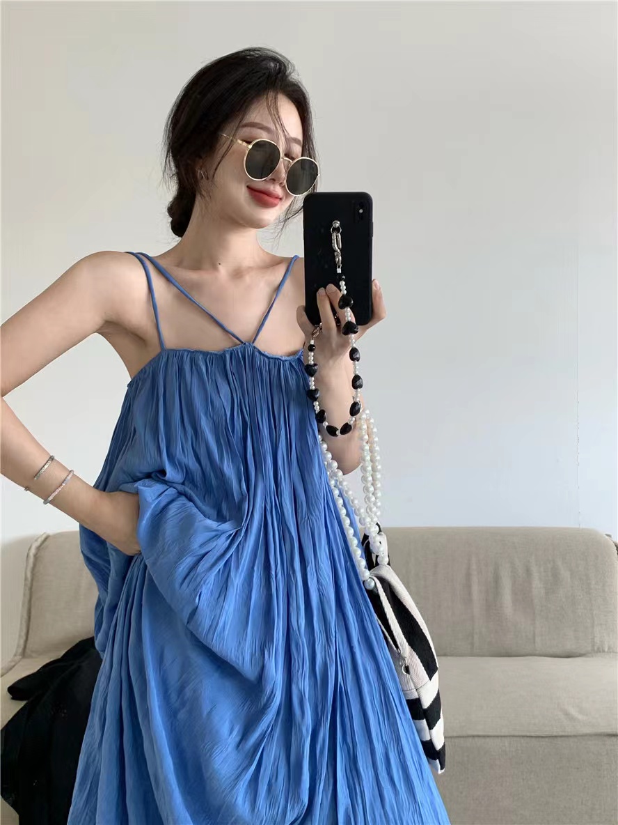 Trendy Blue Pleated Maxi Dress for Women - Summer Beach Vacation Camisole Outfit