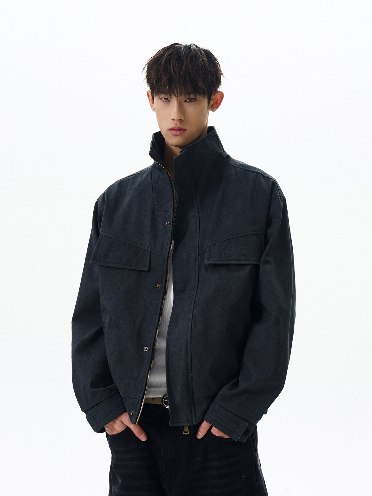 Trendy Boxy Short Workwear Jacket - American Vintage Distressed Deconstructed Stand-Collar Zip-Up Coat