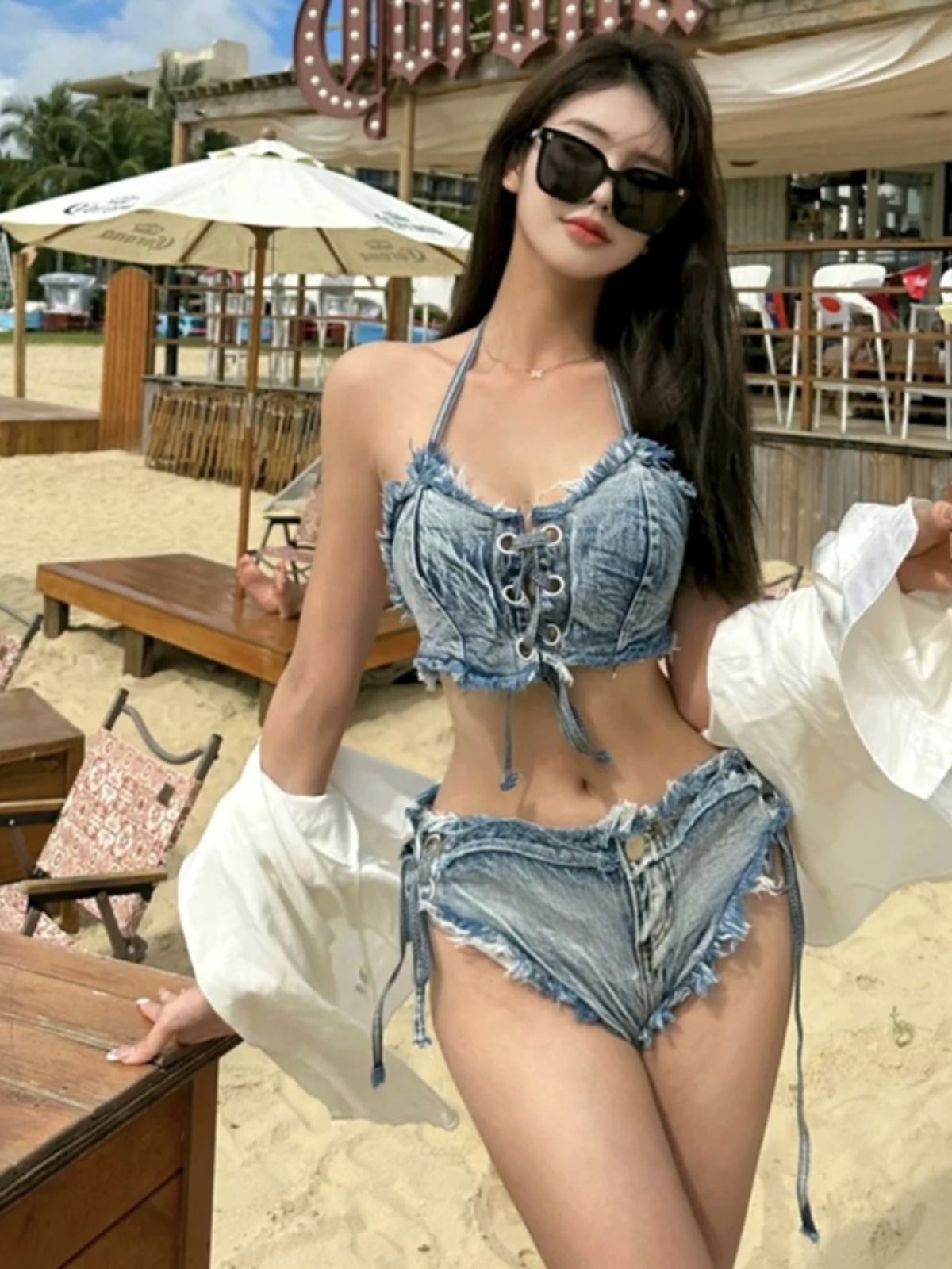 Trendy Slim-Fit Denim Two-Piece Bikini Swimsuit for Women - Sexy Instagram Style Vacation Swimwear