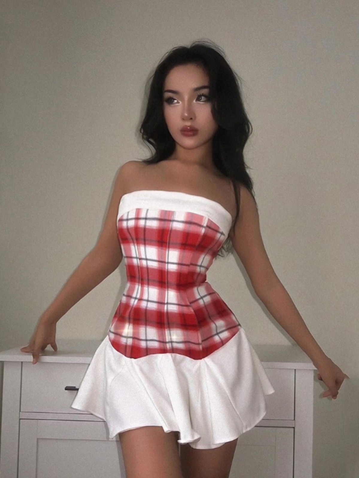 Trendy Strapless Distressed Patchwork Plaid Dress - Eccentric American Vintage A-Line Style for Chic 90s Inspired Look