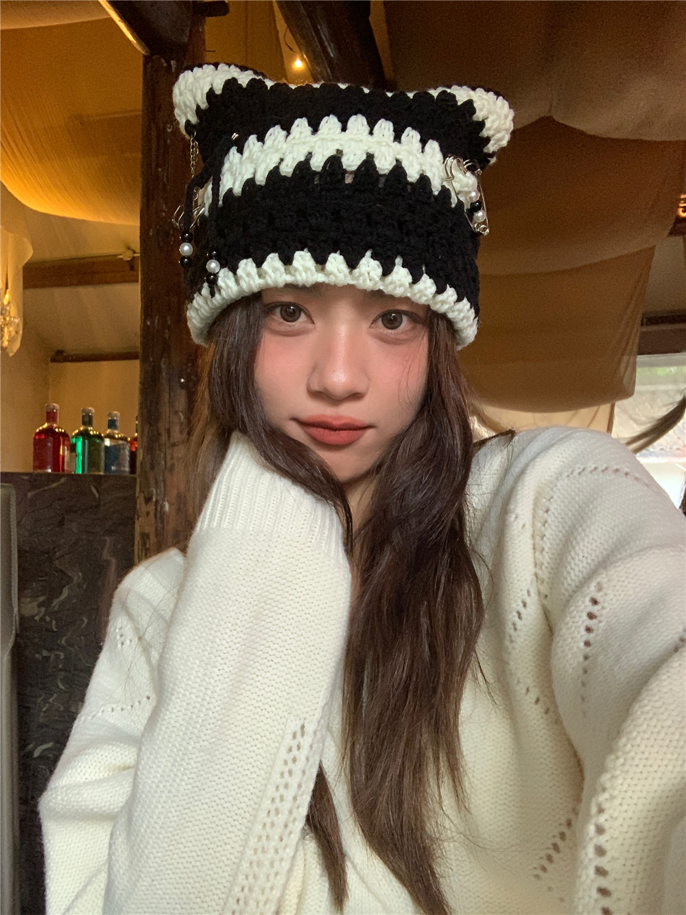 Trendy Striped Knitted Little Devil Ear Yarn Hat for Women - Pointed Wide-Brimmed Pullover for Autumn and Winter Fashion