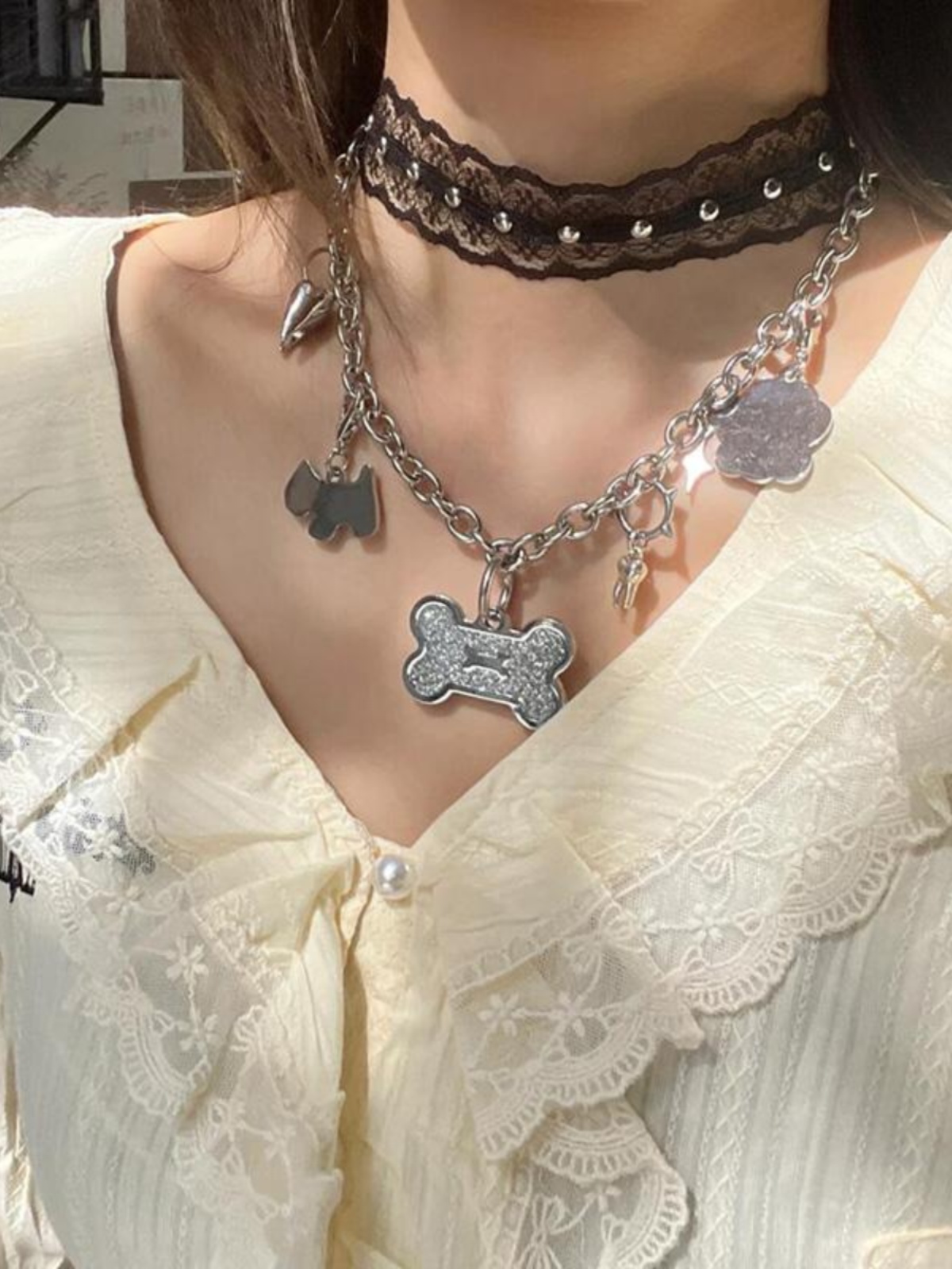 Trendy Y2K Lace Choker Necklace | Layered Metal Dog Bone Clavicle Chain for Sweet Cool Girl Style