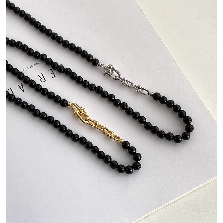 Unique Silver and Gold Beaded Black Agate Necklace for Women, Niche Collarbone Chain, Boho Style Jewelry