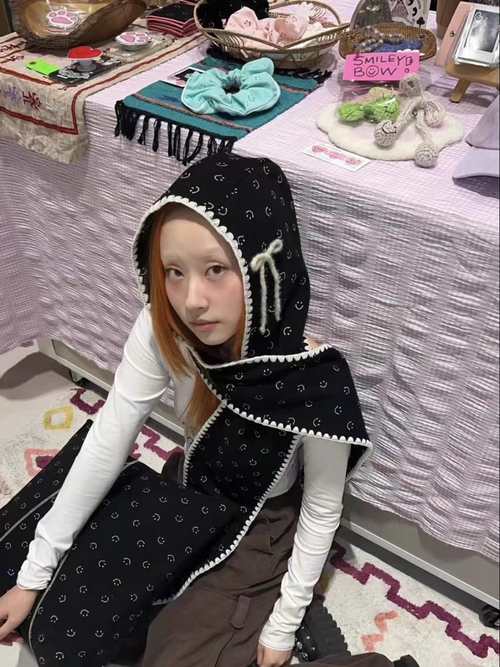 Unique Smiley Face Print Hooded Scarf - Cute Knitted Lace Neck Gaiter for Autumn Winter Fashion