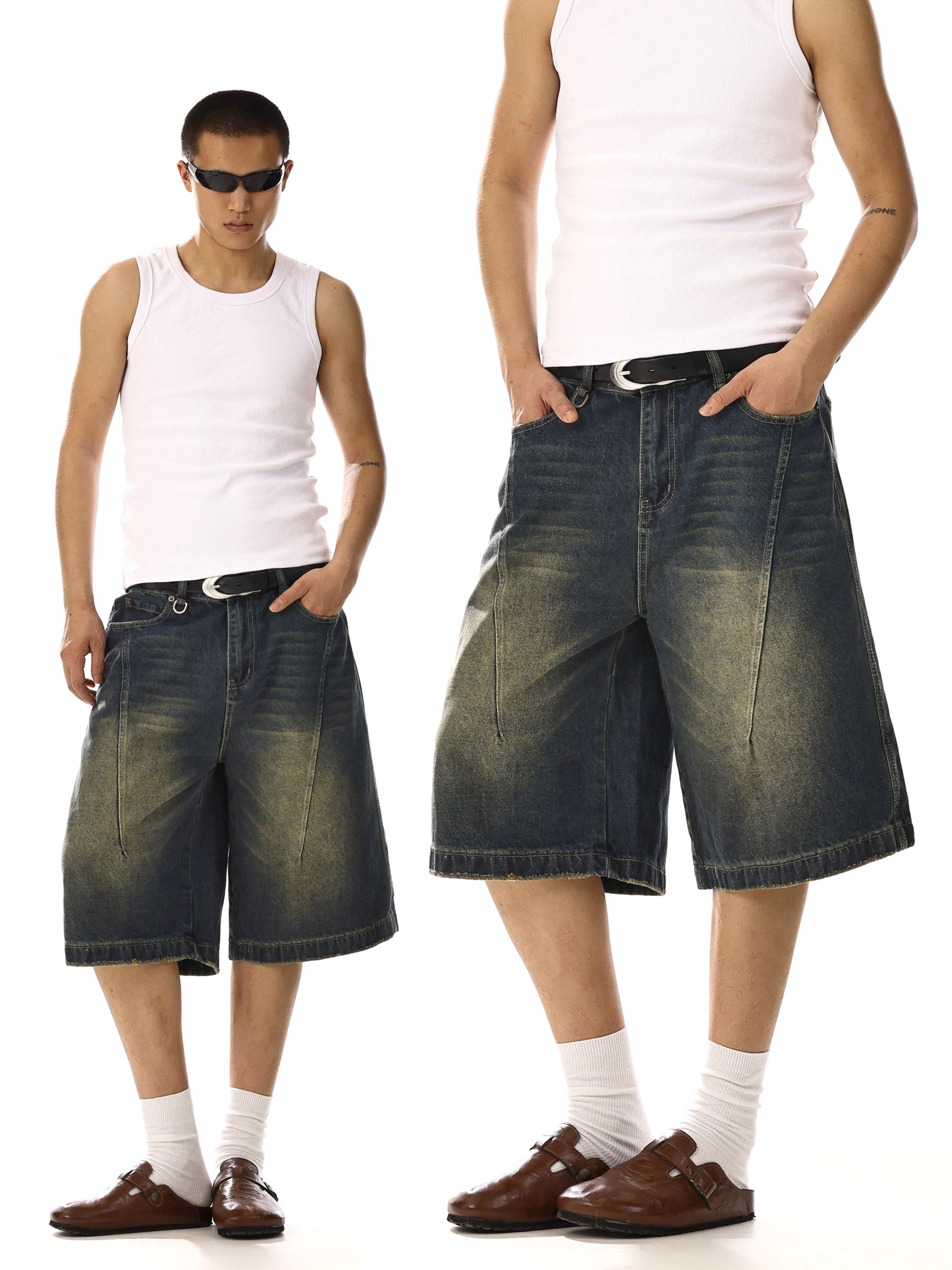 Unisex American Vintage Washed Distressed Denim Shorts - Versatile Wide-Leg Capri Pants for Casual Street Style