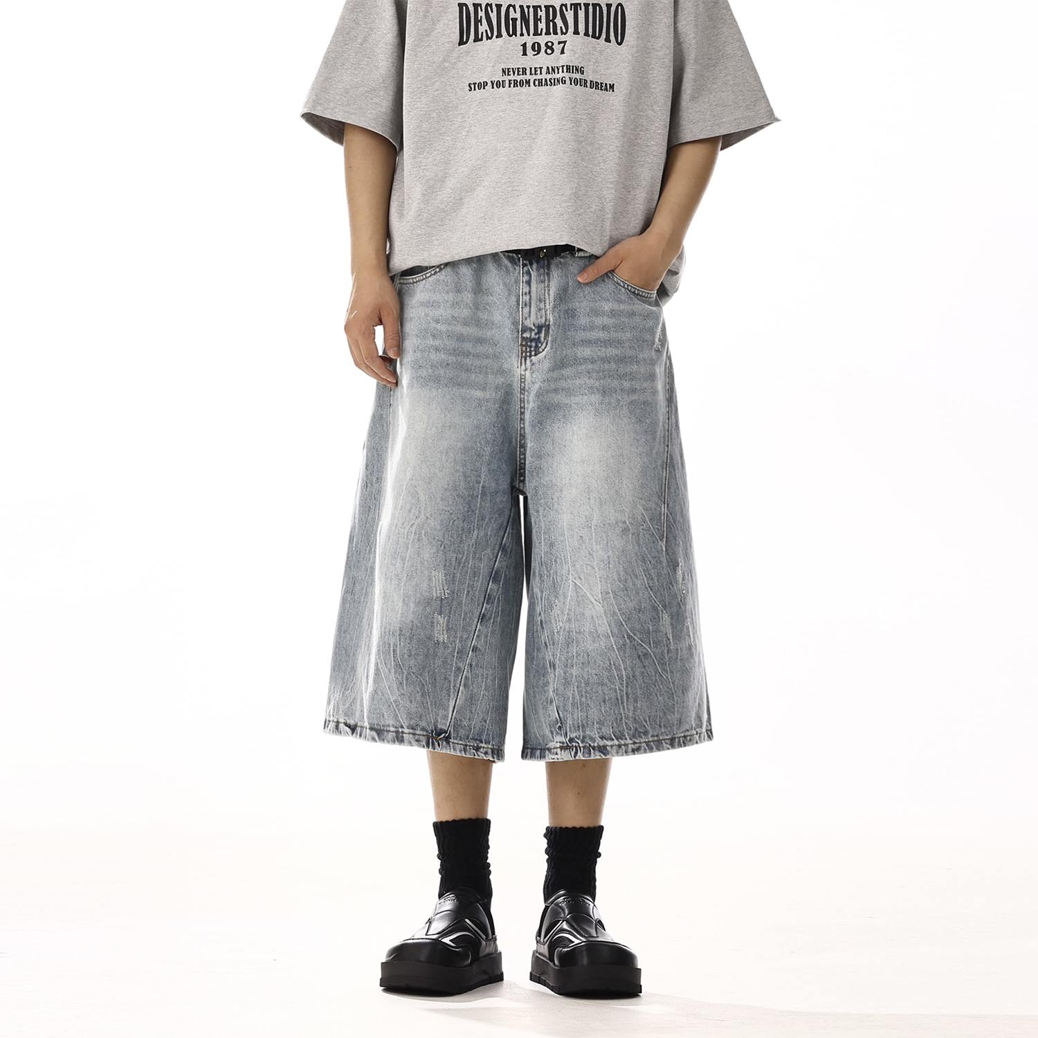 Unisex High Street Washed Denim Shorts - Summer Loose Wide-Leg Casual Style for Men and Women