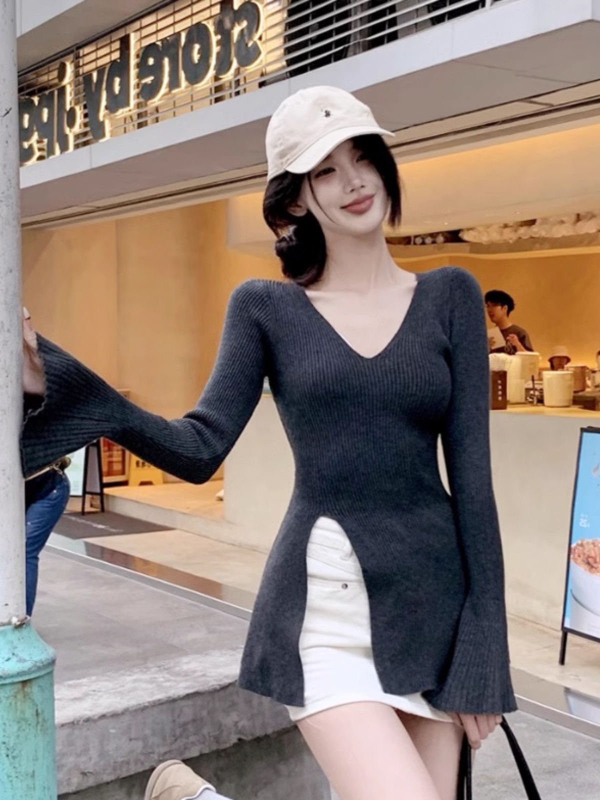 V-Neck Bell Sleeve Knitted Top for Women, Chic Waist-Cinching Design with Split Detail, Perfect for 90s and Y2K Fashion Lovers
