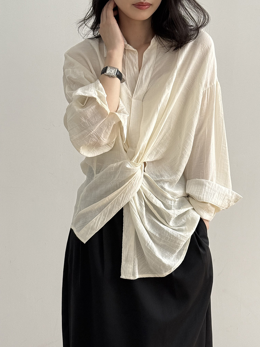 V-Neck Knot Irregular Waist Long Sleeve Women's Top - High-End Loose Style for Spring Summer 2025, Unique Fashion Statement