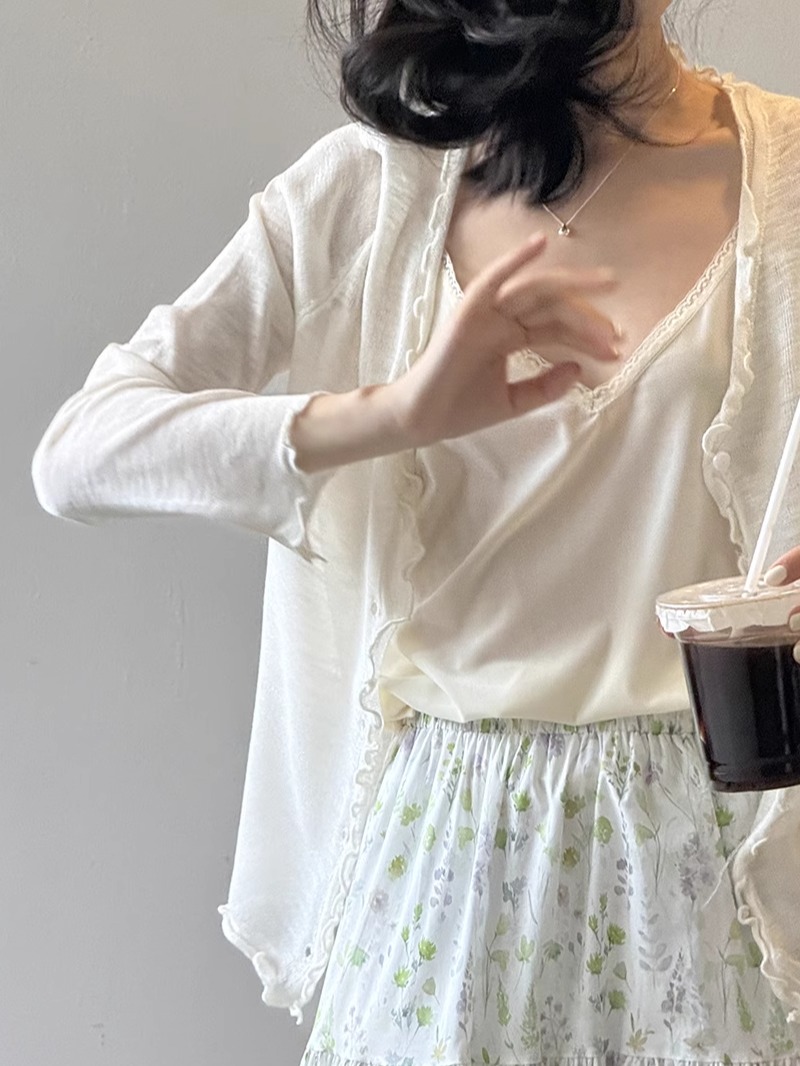 V-Neck Lace Trim Knitted Cardigan for Women - Thin Summer Jacket, Solid Color, Lightweight Sun Protection Outerwear for Air Conditioning