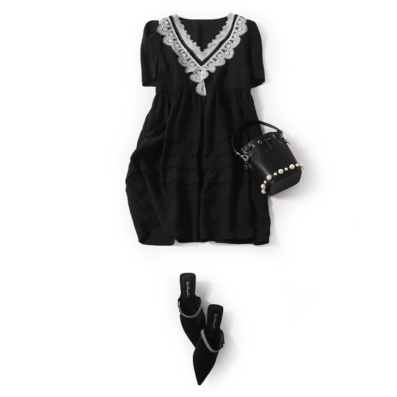 V-neck Lace Trim Pleated Casual Dress - 2025 Summer Women's Fashion, European Style, Elegant and Stylish for Everyday Wear