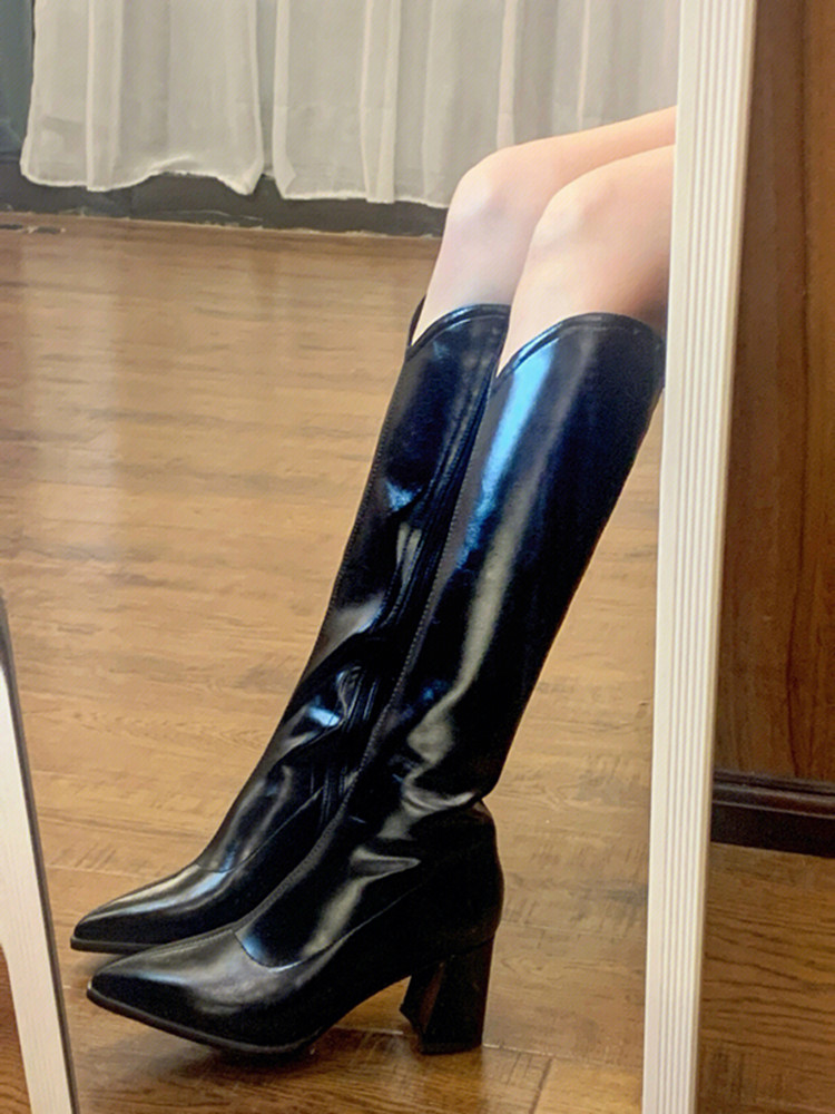 V-Shaped Long Tube Boots for Women - Autumn 2025, Side Zipper, Pointed Toe, High Chunky Heel, Patent Leather Riding Boots