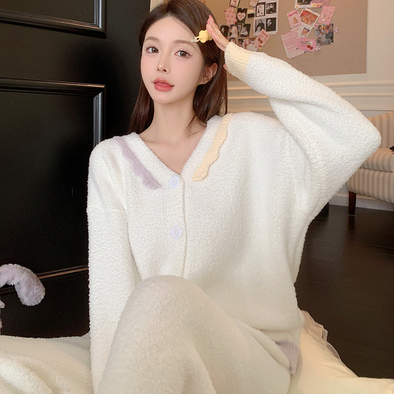 Velvet Half-Side Pajamas for Women, Coral Fleece Cardigan, Thickened Home Wear for Spring & Autumn, Winter Style 2025