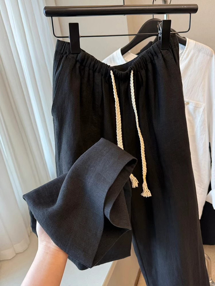 Versatile Elastic Waistband Tapered Straight-Leg Pants with Flowing Straps - Linen Slimming Casual Summer Pants for a Youthful Look