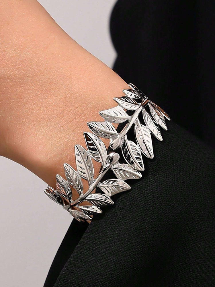 Versatile Metal Hollow Leaf Open Bangle Bracelet - Carved Flower Design, Spring Fashion, European and American Style