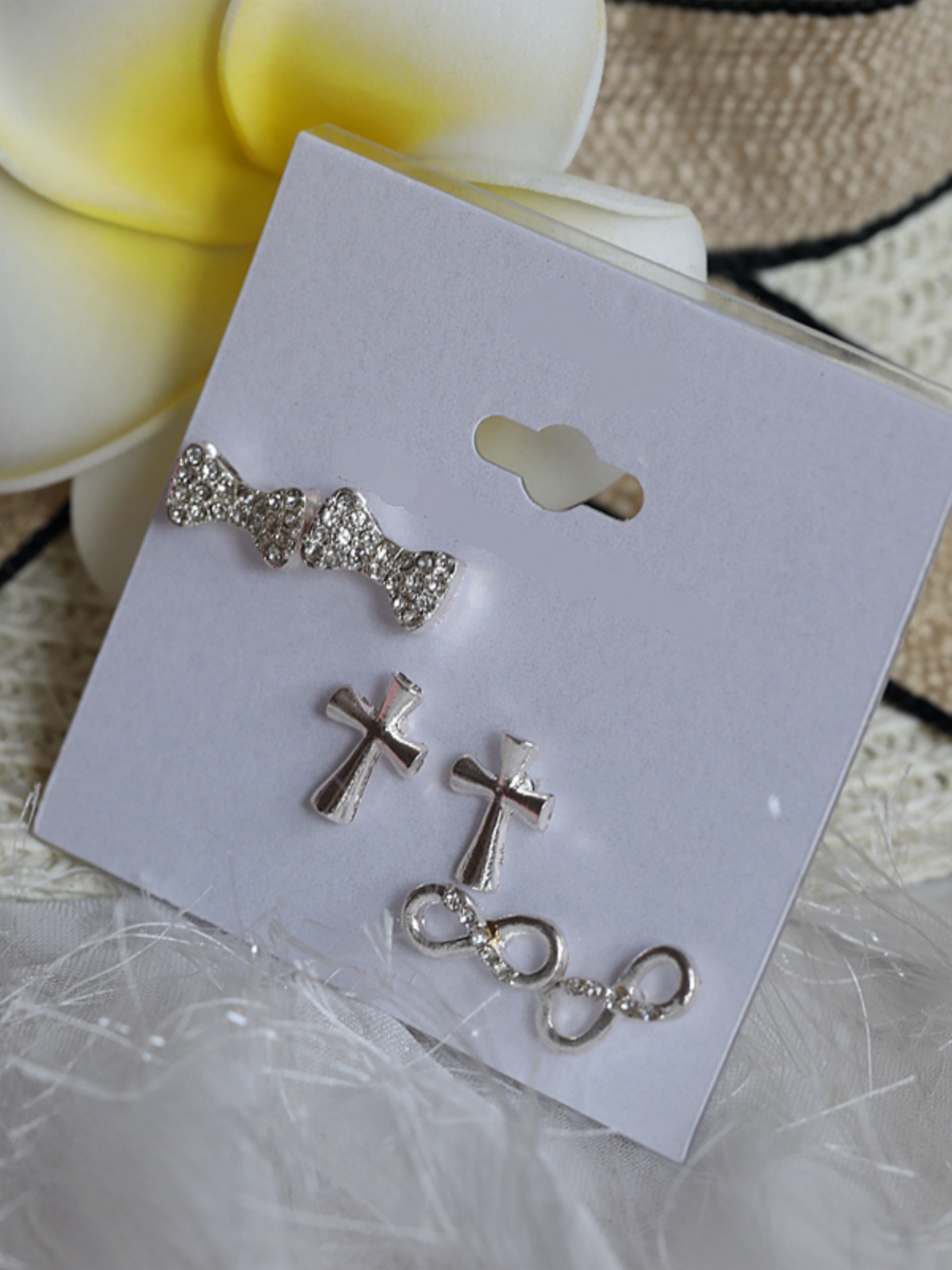 Versatile Shiny Gemstone Bowknot Stud Earrings Set - 3 Pairs of Cross & Hollow Infinity Ear Accessories for Women