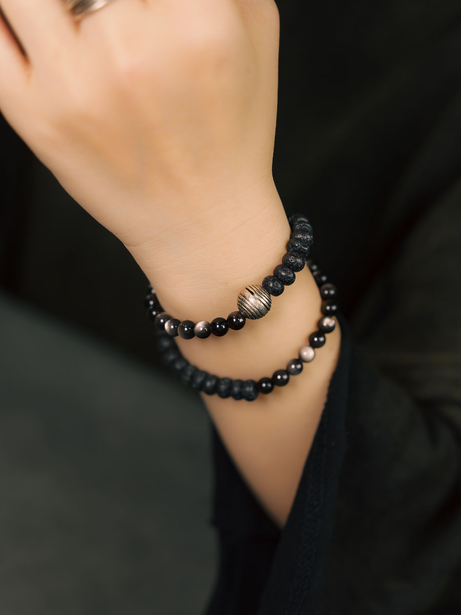 Versatile Silver Obsidian Volcanic Stone Couple Bracelet - Personalized Retro Double Circle Bead Design for Men and Women
