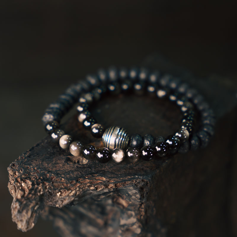 Versatile Silver Obsidian Volcanic Stone Couple Bracelet - Personalized Retro Double Circle Bead Design for Men and Women