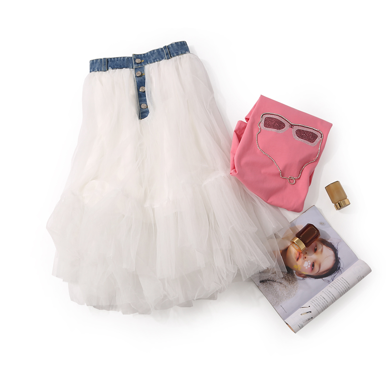 Versatile Women's Spliced Denim Mesh Fairy Tulle Skirt - Summer Mid-Length Skirt for 90s and Y2K Style Fashion