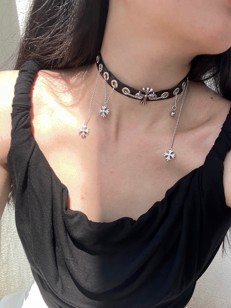Vintage 90s Punk Black Leather Choker Necklace with Metal Accents - Subculture Heavy Industry Design