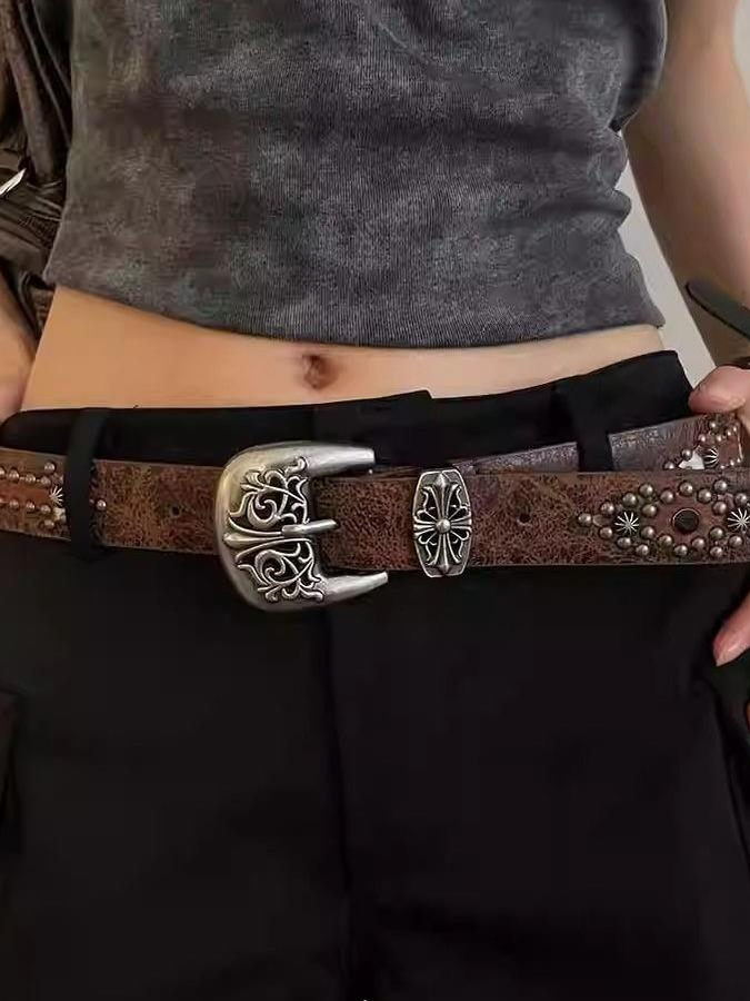 Vintage Brown Studded Belt for Denim Pants - Versatile High-End Accessory, Perfect for Y2K and 90s Fashion