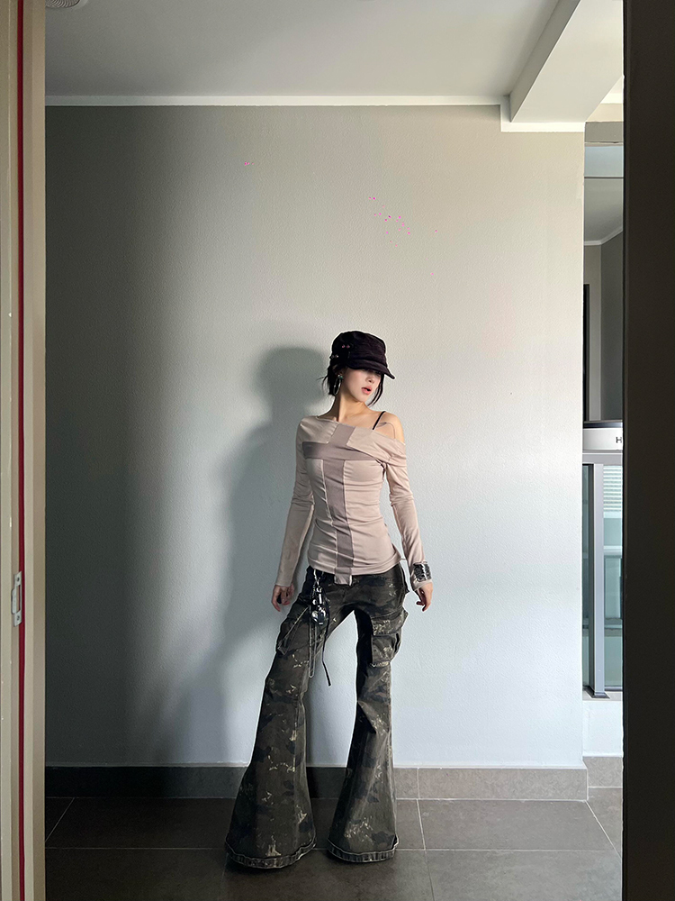 Vintage Color-Block Long Sleeve T-Shirt for Women - Eccentric Spicy Girl Autumn Slim-Fit Casual Top