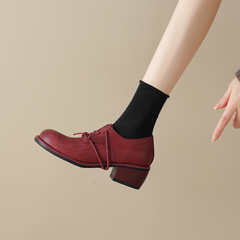 Vintage Distressed Horse Leather Round-Toe Lace-Up Low-Heeled Derby Shoes - Heavy-Duty Y2K Style Loafers for Timeless Elegance