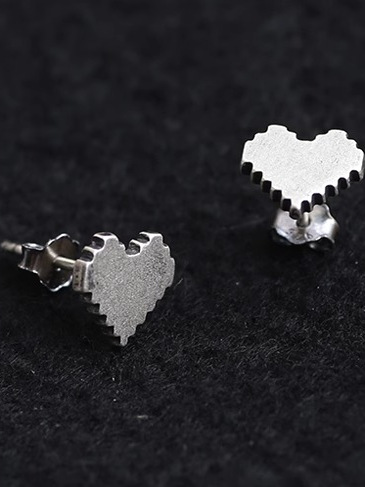 Vintage Distressed Mosaic Heart Pixel Couple Earrings in 925 Sterling Silver - Trendy Zigzag Design for Unique Style