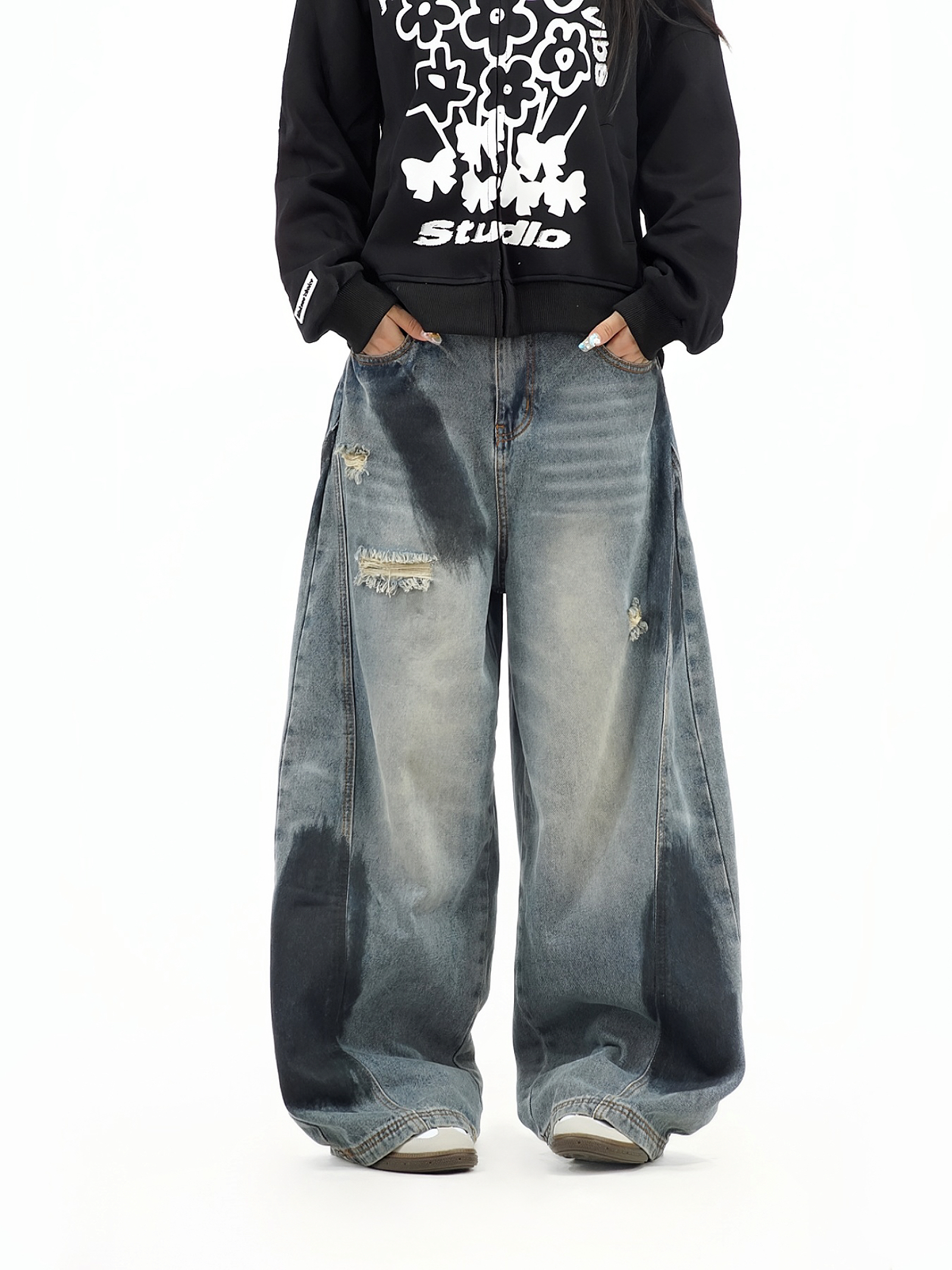 Vintage Distressed Wide-Leg Lantern Pants in American Street Graffiti Style