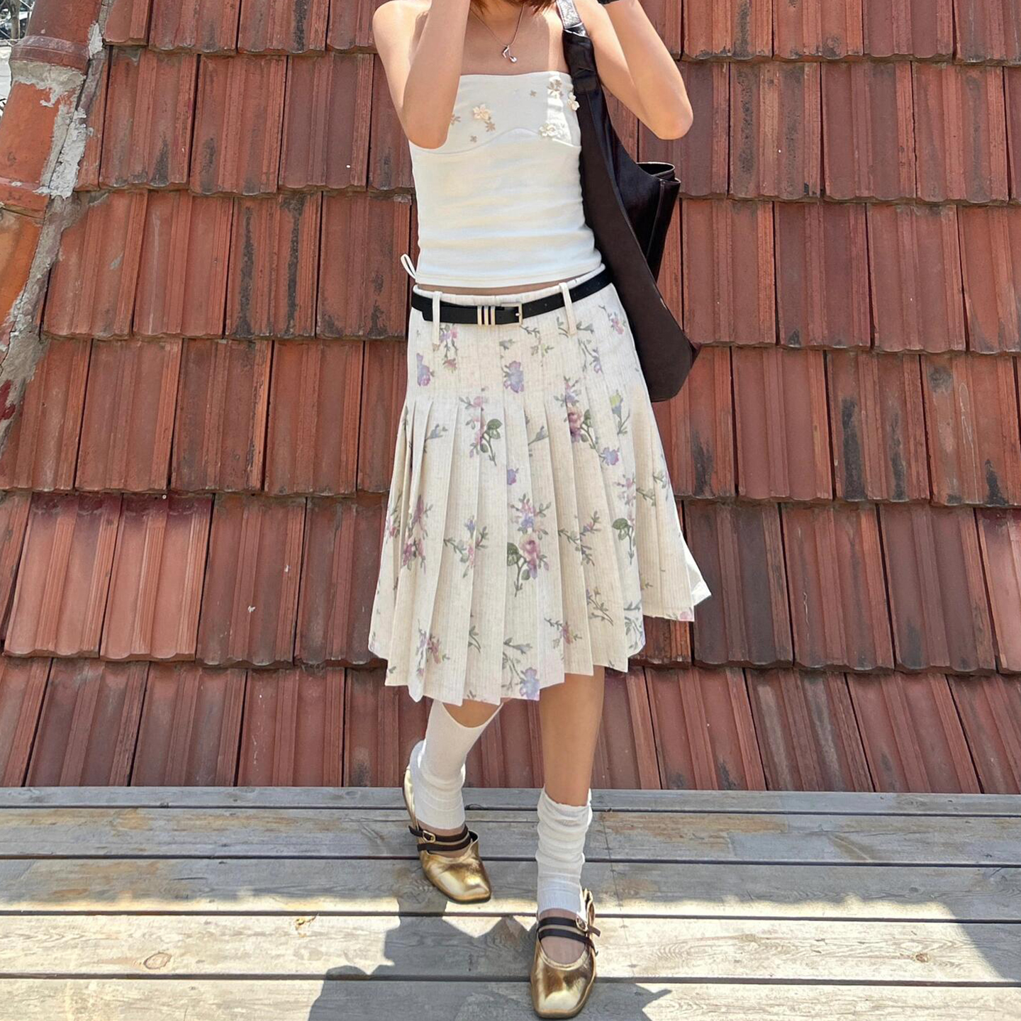 Vintage Floral Midi Skirt for Women - Eccentric French Style, Pleated, Casual, Versatile, Slimming Design
