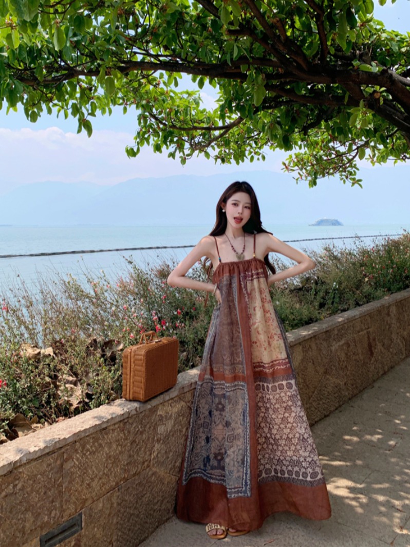 Vintage Floral Spaghetti Strap Dress for Women - Exotic Ethnic Style Beach Vacation Outfit, 90s Inspired Travel Fashion